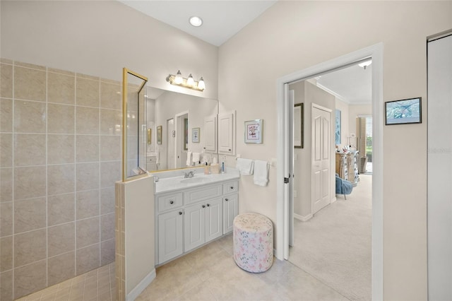 2937 Seasons Blvd, Sarasota, FL 34240 - full bathroom featuring vanity, walk in shower, tile patterned flooring, and ornamental molding