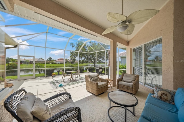 2937 Seasons Blvd, Sarasota, FL 34240 - sunroom with a water view, an outdoor hangout area, and a ceiling fan