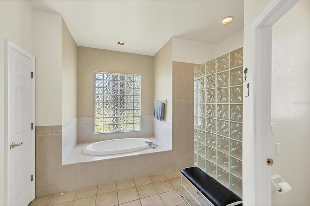 815 Greenview Dr, Apollo Beach, FL 33572 - bathroom with a bath, tile patterned flooring, walk in shower, and recessed lighting