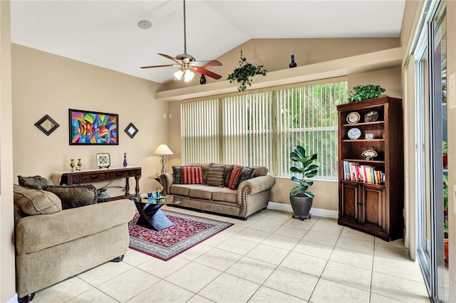2801 SW 29th Ct, Cape Coral, FL 33914 - living area with lofted ceiling, light tile patterned floors, and a ceiling fan