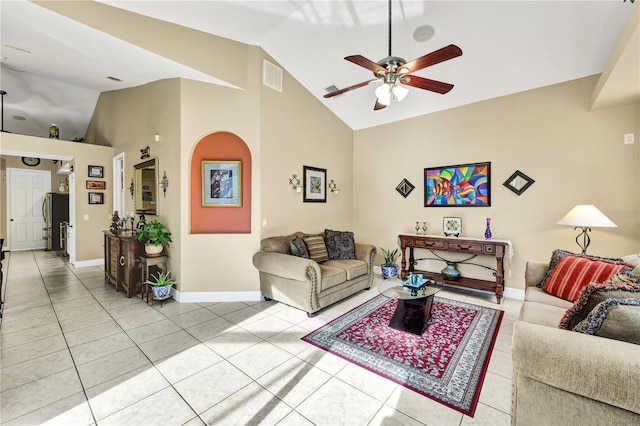 2801 SW 29th Ct, Cape Coral, FL 33914 - living room with a ceiling fan, light tile patterned flooring, and high vaulted ceiling