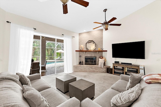 21705 67th Ave E, Bradenton, FL 34211 - living room with ceiling fan, carpet flooring, a brick fireplace, and vaulted ceiling
