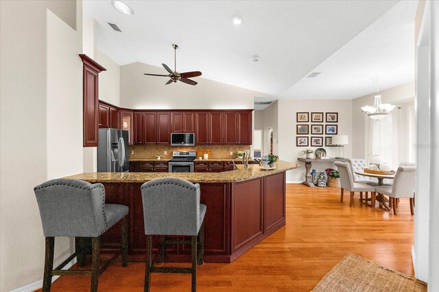 21705 67th Ave E, Bradenton, FL 34211 - kitchen with appliances with stainless steel finishes, a ceiling fan, light stone counters, light wood-style flooring, and a peninsula