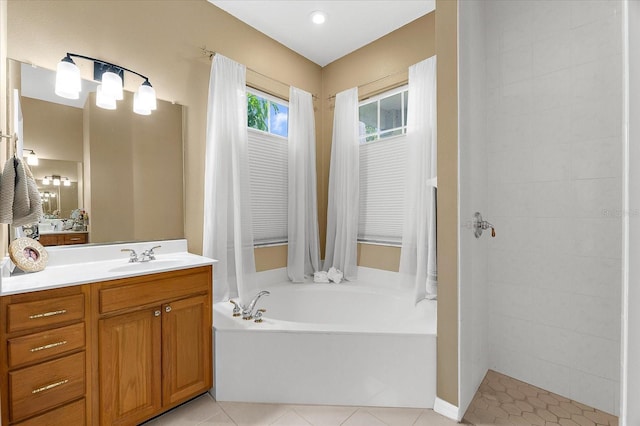 21705 67th Ave E, Bradenton, FL 34211 - full bathroom with a bath, vanity, tile patterned floors, and tiled shower