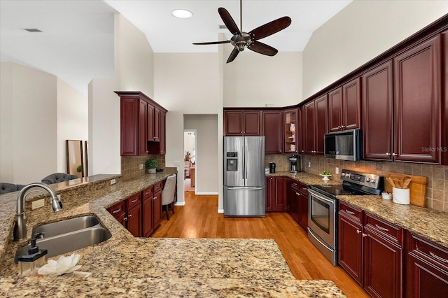 21705 67th Ave E, Bradenton, FL 34211 - kitchen with stainless steel appliances, dark brown cabinets, high vaulted ceiling, ceiling fan, and light wood finished floors