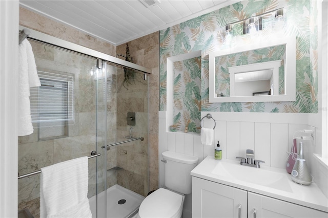 327 Francis Dr, Apollo Beach, FL 33572 - full bathroom with wallpapered walls, vanity, a wainscoted wall, and a stall shower