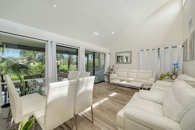 718 White Pine Tree Rd Unit 80, Venice, FL 34285 - living area with high vaulted ceiling, wood finished floors, and recessed lighting
