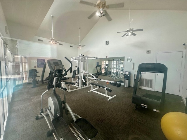 2360 SW Archer Rd Unit 206, Gainesville, FL 32608 - workout area featuring carpet floors, ceiling fan, and high vaulted ceiling
