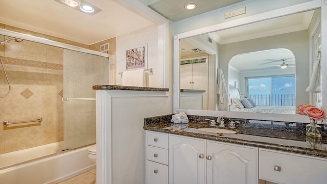 1 Benjamin Franklin Dr Unit 93, Sarasota, FL 34236 - bathroom with crown molding, vanity, bath / shower combo with glass door, connected bathroom, and ceiling fan
