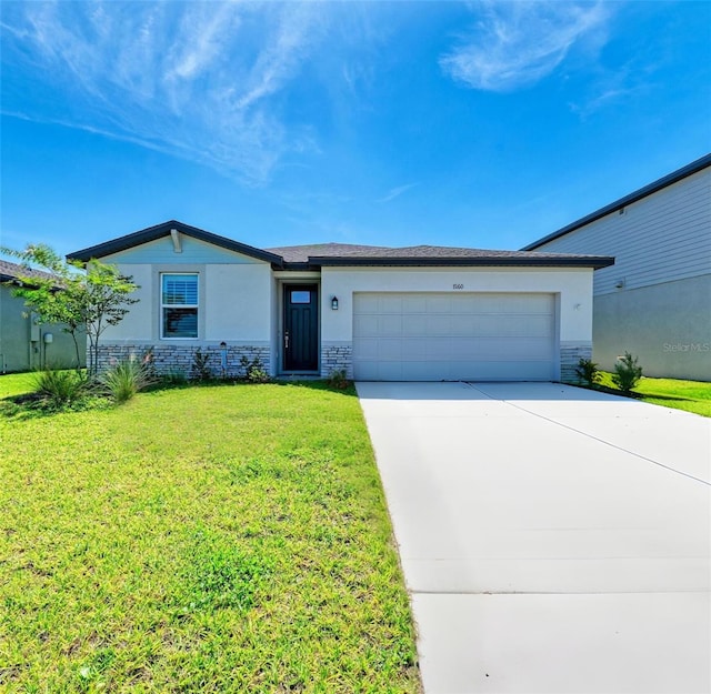 7160 Amelia River Dr, Parrish, FL 34219 - ranch-style house with a garage, driveway, stucco siding, a front yard, and stone siding