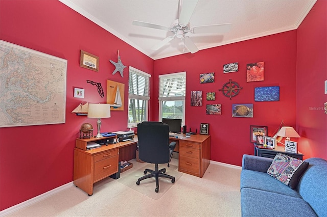 10571 Old Grove Cir, Bradenton, FL 34212 - home office featuring light colored carpet, ceiling fan, and ornamental molding
