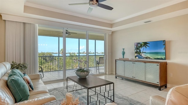 250 Hidden Bay Dr Unit 302, Osprey, FL 34229 - living area featuring a ceiling fan, ornamental molding, and light marble finish flooring