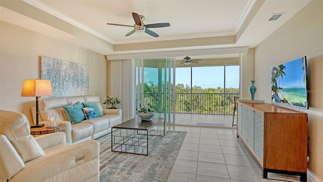 250 Hidden Bay Dr Unit 302, Osprey, FL 34229 - living area featuring ceiling fan, ornamental molding, and light tile patterned floors