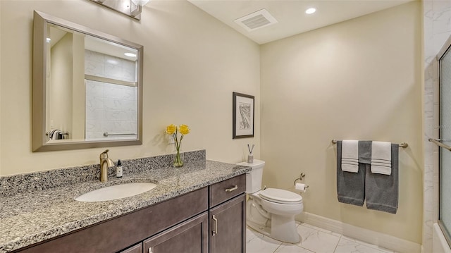 250 Hidden Bay Dr Unit 302, Osprey, FL 34229 - full bathroom with marble finish floors, vanity, a shower with door, and recessed lighting