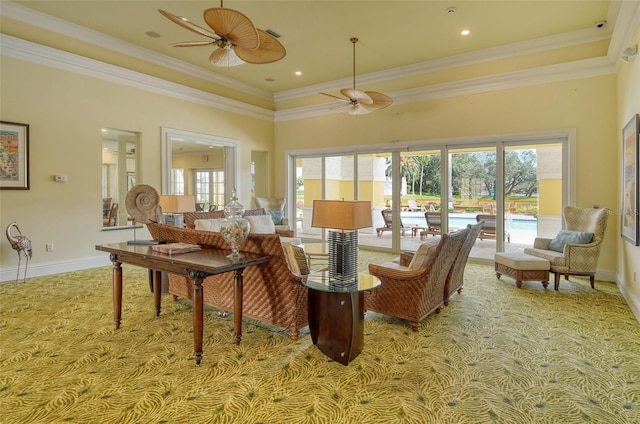 250 Hidden Bay Dr Unit 302, Osprey, FL 34229 - living room featuring a ceiling fan, light carpet, plenty of natural light, and crown molding