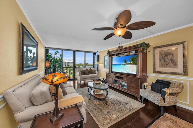 5855 Midnight Pass Rd Unit 416, Sarasota, FL 34242 - living room featuring wood finished floors, a ceiling fan, a wall of windows, and ornamental molding