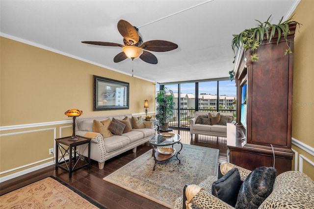 5855 Midnight Pass Rd Unit 416, Sarasota, FL 34242 - living area with wood finished floors, crown molding, a ceiling fan, expansive windows, and wainscoting