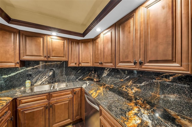 5855 Midnight Pass Rd Unit 416, Sarasota, FL 34242 - kitchen featuring stainless steel dishwasher, backsplash, dark stone countertops, and recessed lighting