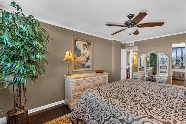 5855 Midnight Pass Rd Unit 416, Sarasota, FL 34242 - bedroom with dark wood-style flooring, crown molding, and ceiling fan