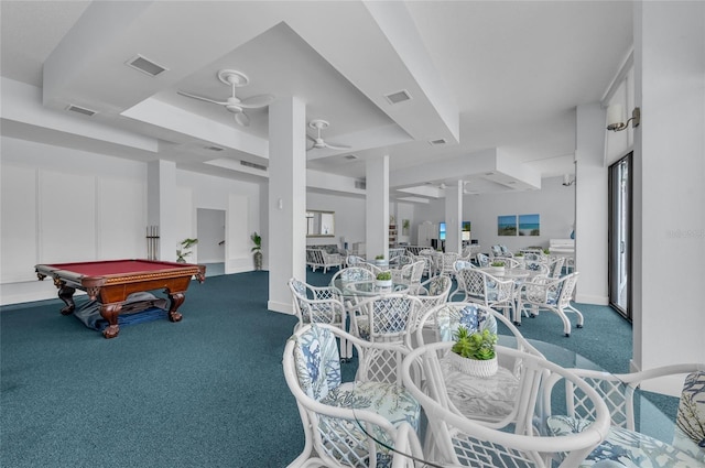 5855 Midnight Pass Rd Unit 416, Sarasota, FL 34242 - dining space with carpet flooring, a ceiling fan, billiards table, and a raised ceiling