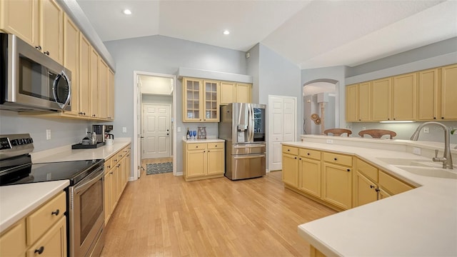 6206 Stillwater Ct, University Park, FL 34201 - kitchen with stainless steel appliances, arched walkways, light wood-style floors, vaulted ceiling, and light countertops