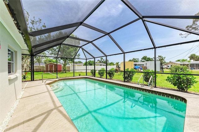 237 Saxon Cir, Venice, FL 34293 - outdoor pool with a storage shed, a fenced backyard, and glass enclosure