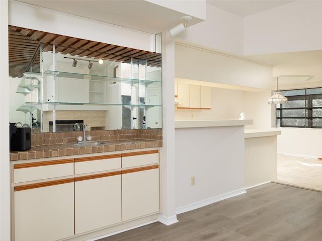 8260 Berkeley Manor Blvd, Spring Hill, FL 34606 - bar featuring light wood-style floors, pendant lighting, and decorative backsplash