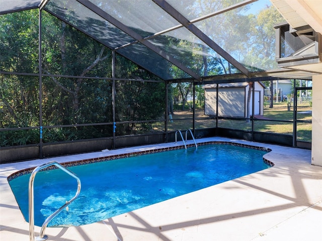 8260 Berkeley Manor Blvd, Spring Hill, FL 34606 - outdoor pool with a patio, glass enclosure, and a storage shed