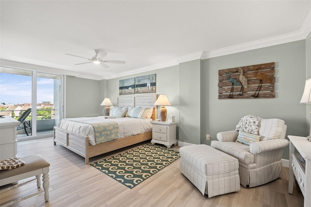 6415 Midnight Pass Rd Unit 502, Sarasota, FL 34242 - bedroom with access to exterior, crown molding, wood finished floors, and ceiling fan