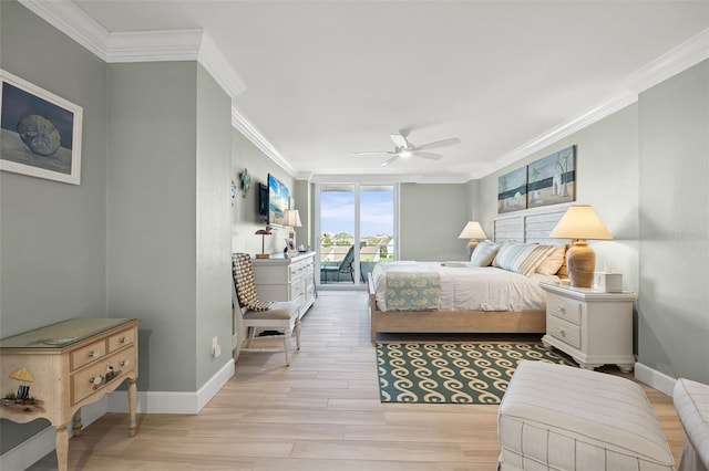 6415 Midnight Pass Rd Unit 502, Sarasota, FL 34242 - bedroom featuring crown molding, access to outside, light wood-type flooring, and a ceiling fan
