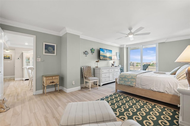 6415 Midnight Pass Rd Unit 502, Sarasota, FL 34242 - bedroom featuring crown molding, light wood-type flooring, access to outside, and ceiling fan
