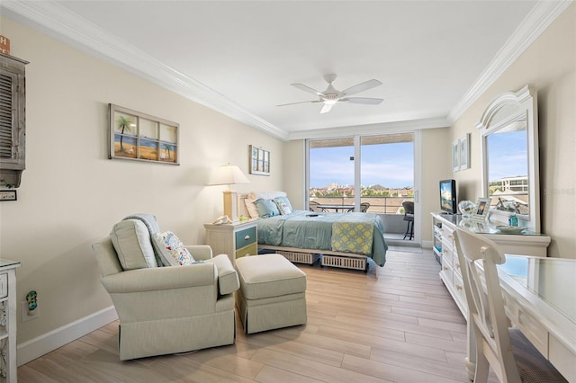 6415 Midnight Pass Rd Unit 502, Sarasota, FL 34242 - bedroom with crown molding, access to exterior, light wood-style flooring, and ceiling fan