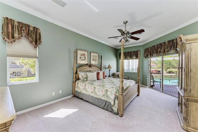 8315 Eagle Xing, Sarasota, FL 34241 - bedroom with access to exterior, carpet flooring, ornamental molding, and ceiling fan