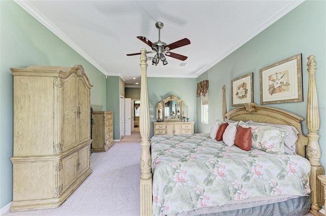 8315 Eagle Xing, Sarasota, FL 34241 - bedroom featuring light colored carpet, ornamental molding, and ceiling fan