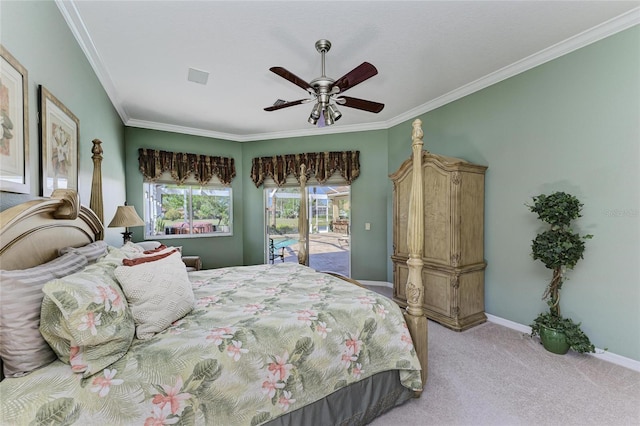 8315 Eagle Xing, Sarasota, FL 34241 - bedroom featuring access to exterior, light carpet, ornamental molding, and a ceiling fan