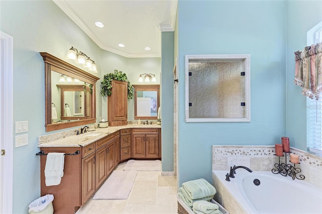 8315 Eagle Xing, Sarasota, FL 34241 - full bath with a garden tub, double vanity, crown molding, healthy amount of natural light, and recessed lighting
