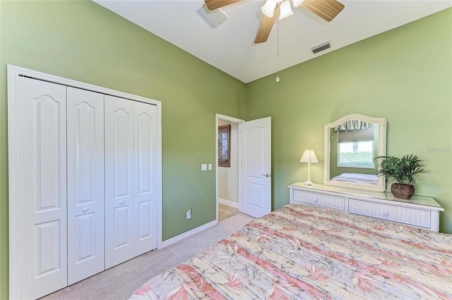 8315 Eagle Xing, Sarasota, FL 34241 - bedroom with carpet, a closet, ceiling fan, and high vaulted ceiling