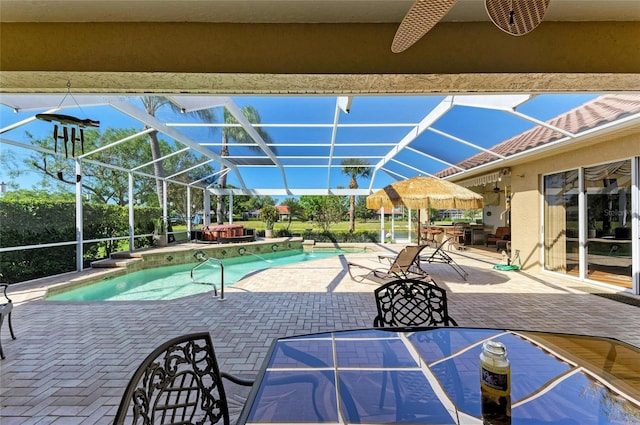 8315 Eagle Xing, Sarasota, FL 34241 - swimming pool featuring outdoor dining space, a patio area, and glass enclosure