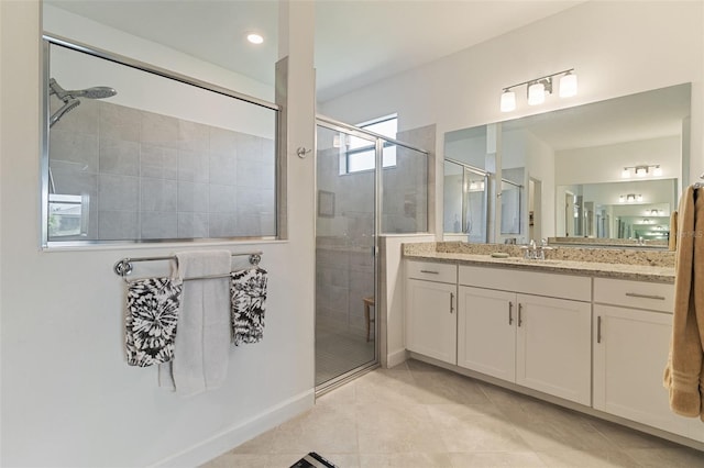 4961 Seafoam Trl, Bradenton, FL 34211 - full bath with a shower stall, vanity, tile patterned floors, and recessed lighting