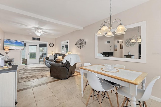 5891 Welcome Rd Unit I6, Bradenton, FL 34207 - dining space featuring light tile patterned floors, a chandelier, beam ceiling, and a ceiling fan