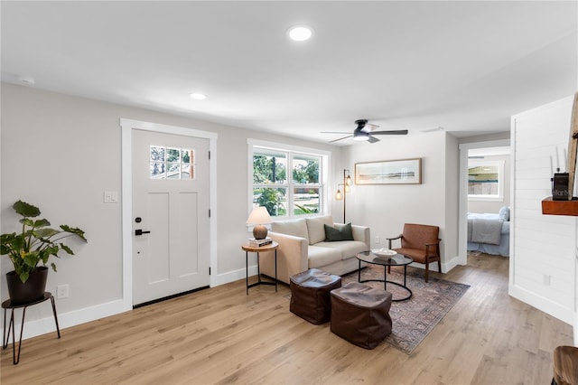 4041 Linwood St, Sarasota, FL 34232 - living room featuring light wood-style floors, a ceiling fan, and recessed lighting
