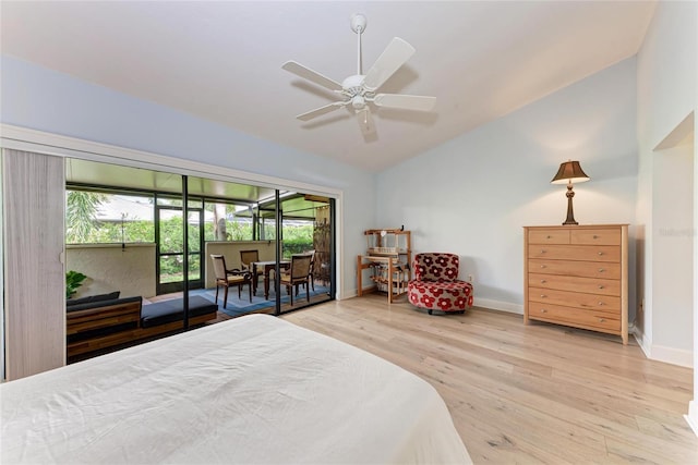 6111 Courtside Dr Unit 61, Bradenton, FL 34210 - bedroom with access to outside, vaulted ceiling, wood finished floors, and ceiling fan