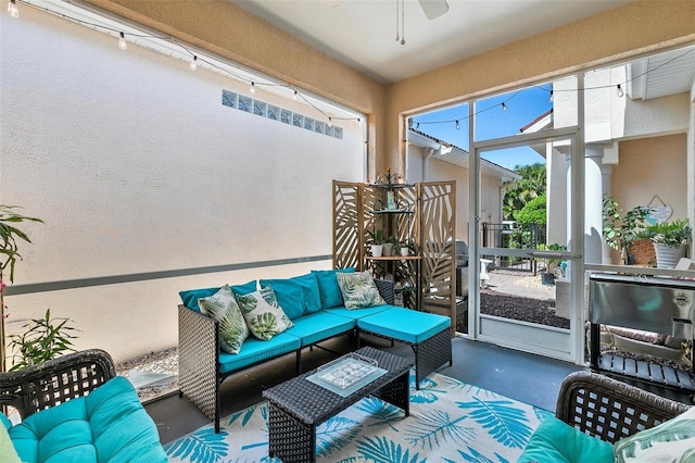 7747 33rd St E, Sarasota, FL 34243 - sunroom / solarium featuring an outdoor hangout area and ceiling fan