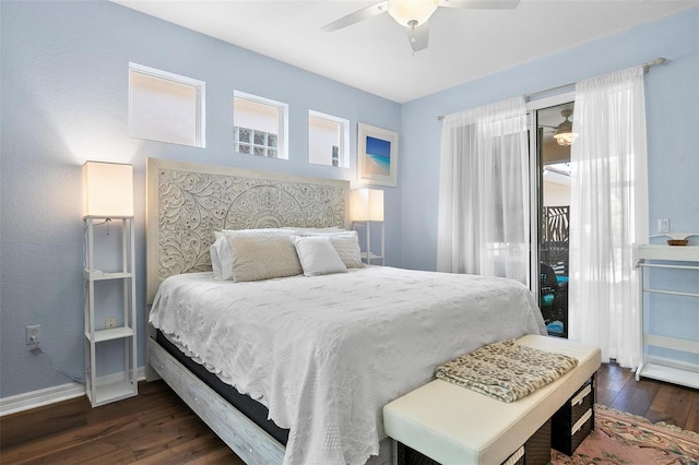 7747 33rd St E, Sarasota, FL 34243 - bedroom with access to exterior, dark wood-type flooring, and ceiling fan