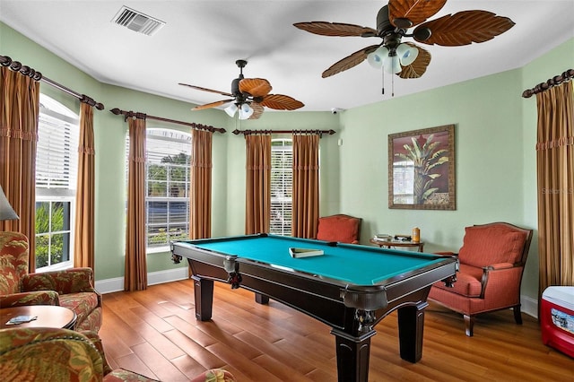 7747 33rd St E, Sarasota, FL 34243 - game room featuring billiards, a ceiling fan, and wood finished floors
