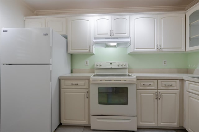 3680 Ironwood Cir Unit 603L, Bradenton, FL 34209 - kitchen with white appliances, under cabinet range hood, white cabinets, glass insert cabinets, and light countertops
