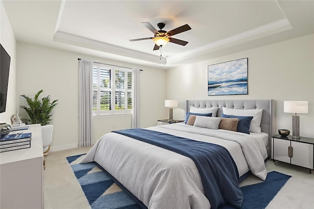 11221 Sandhill Preserve Dr, Sarasota, FL 34238 - bedroom with a tray ceiling, light carpet, crown molding, and ceiling fan