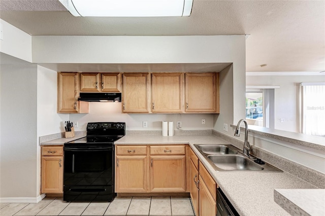 1030 Villagio Cir Unit 103, Sarasota, FL 34237 - kitchen with black appliances, under cabinet range hood, light countertops, light tile patterned flooring, and crown molding