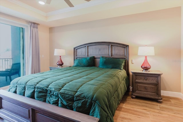 501 Tamiami Trl N Unit 201, Venice, FL 34285 - bedroom with access to exterior, light wood-style flooring, ornamental molding, recessed lighting, and ceiling fan
