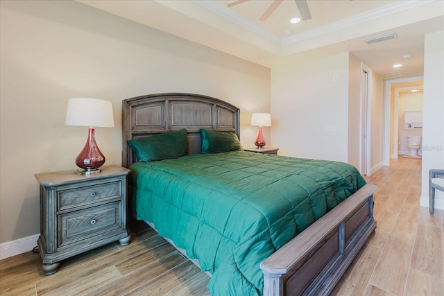 501 Tamiami Trl N Unit 201, Venice, FL 34285 - bedroom featuring light wood-type flooring, ornamental molding, recessed lighting, and a ceiling fan
